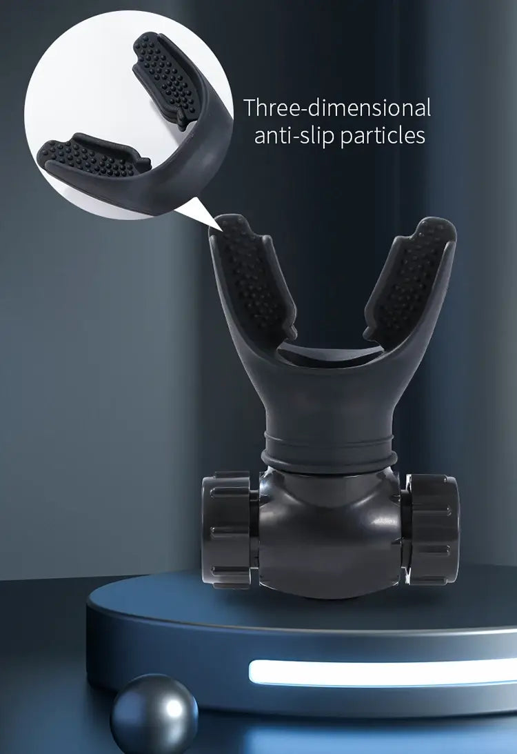 Black plastic scuba diving regulator mouthpiece with textured three-dimensional anti-slip particles interior for respiratory trainer lung fitness device.