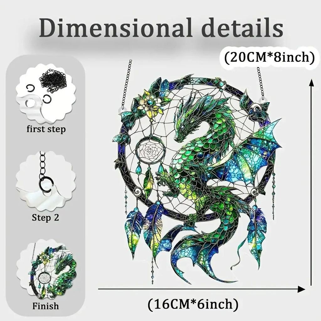 A vibrant green and blue 2D dragon-themed acrylic dream catcher with intricate scales and feathers viewed from the front