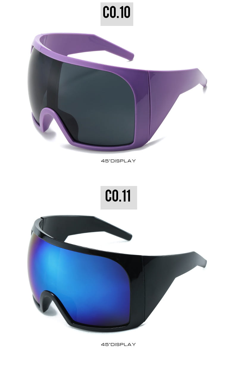 Futuristische Schild-Sonnenbrille für Herren UV400 in Schwarz mit reflektierenden Gläsern in Lila und Schwarz sowie kräftigen futuristischen Rahmen.