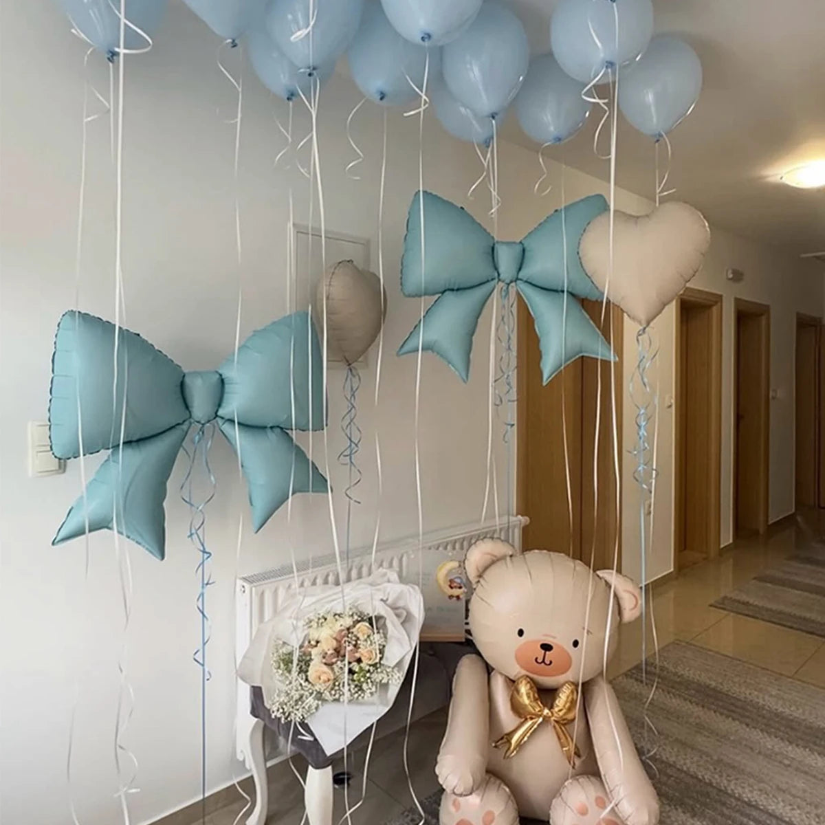 Blue Bow Balloon and Bear Balloon Set Blue Balloon for Shower, Baby Party, Birthday Party Decoration