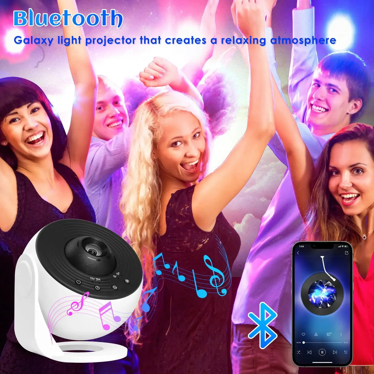 White and black bluetooth galaxy projector pro with 12 in 1 film discs white noise and 360 degree rotation for bedroom use