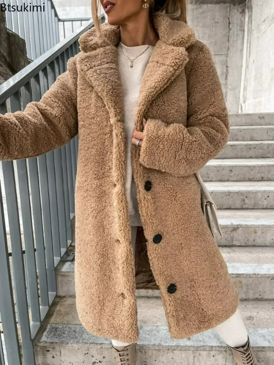 2026 Women's Winter Faux Wool Blends Warm Coat Single Breasted Outerwear Teddy Plush Overcoats Female Chic Streetwear Coats 5XL