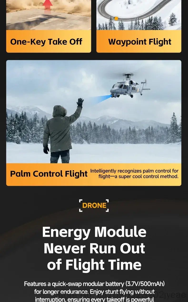 Remote control gray helicopter drone with blue propulsion jet designed for palm control flight and featuring a quick-swap modular battery and 8k camera.