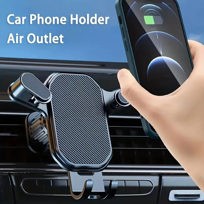 black carbon fiber-textured car air vent phone mount with magnetic clamps for universal cell phone holding