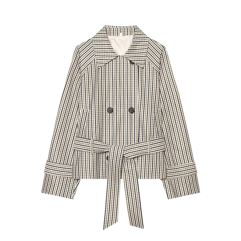 Women's Trench Fashion Plaid Lace-up Short Trench Jacket Autumn Women Jacket Coat Casual New Outerwear