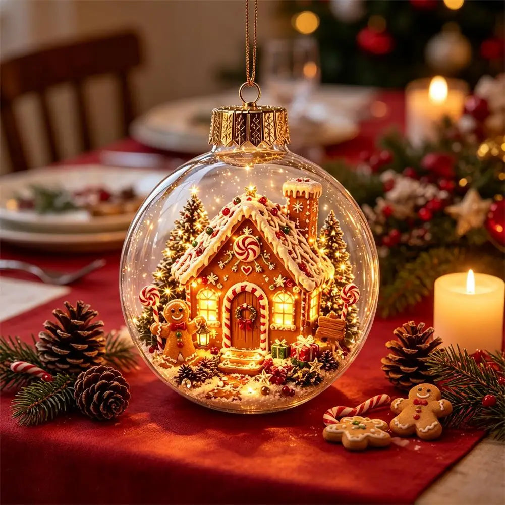 Eine leuchtende Glas-Globus-Weihnachtszierkugel mit einem detaillierten Lebkuchenhaus mit Zuckerstangenbesatz, roten und weißen Zuckerguss-Dekorationen, Miniaturbäumen und festlichen Lichtern im Inneren, gestaltet als unzerbrechliche Feiertagsdekoration.