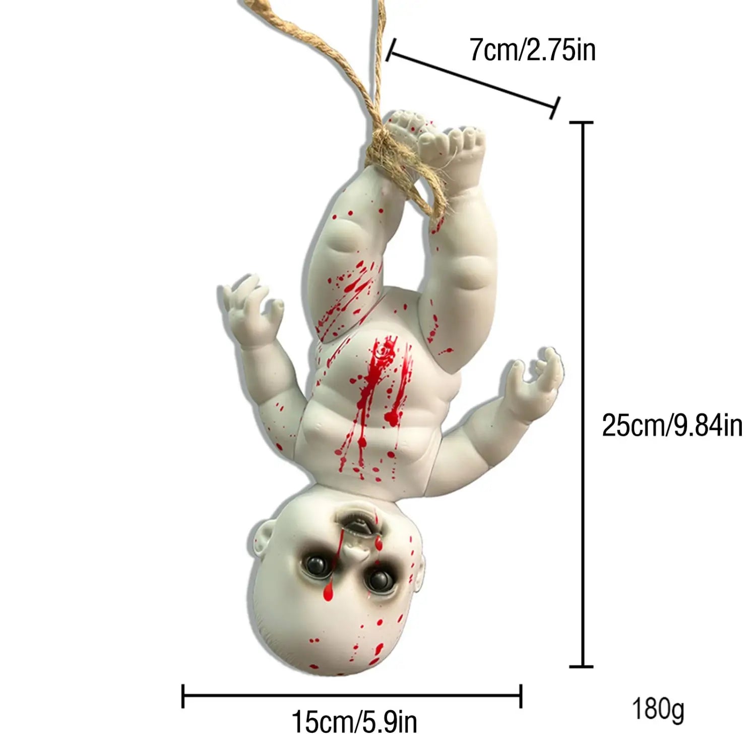white plastic halloween hanging ghost doll decoration with red splatter paint details as a spooky prop
