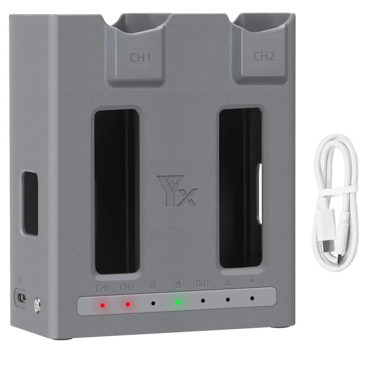 gray yx dual-channel drone battery charger with two slots and usb-c cable included designed for dji mavic 4 pro dual battery charger hub use