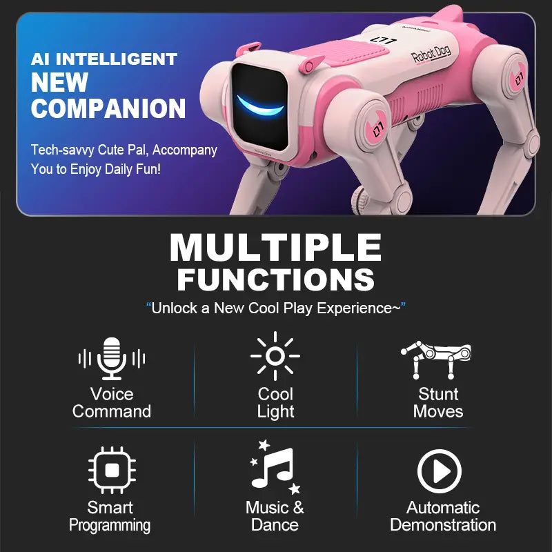 Pink and white l71 robot dog with a glowing blue eye designed for voice control and rolling stunts as a perfect robot dog birthday gift.