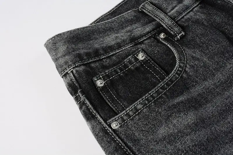 Men flare jeans distressed dark gray denim trousers featuring dark-wash denim with a classic front pocket design and silver-toned rivets.