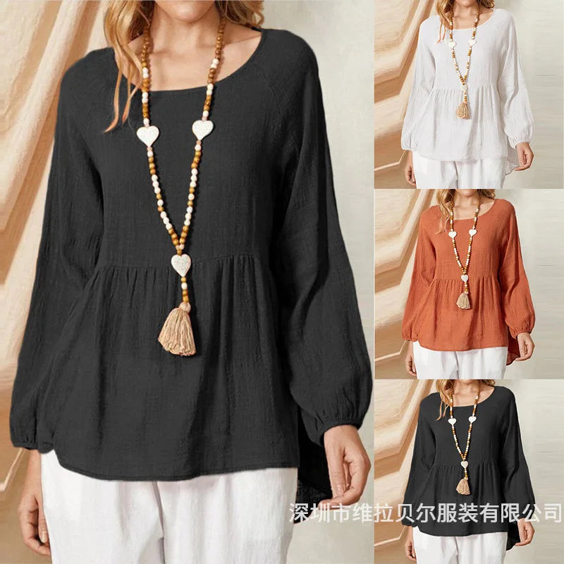 Women's Long Sleeve Shirts Blouse 2024 Spring New Casual Loose Tops Lantern Sleeves Cotton Linen Shirt White Blouse For Woman