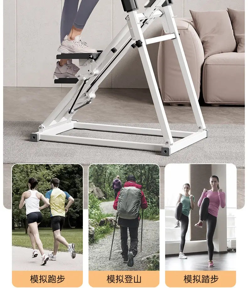 Machine d’escalier en métal blanc pour le fitness à domicile, équipement d’étape, avec plateformes pour les pieds réglables et châssis robuste.