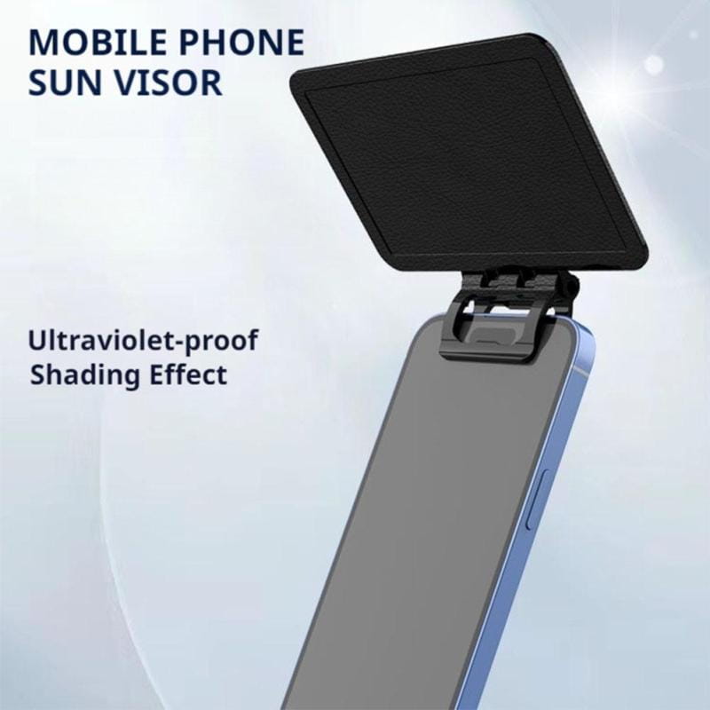Black mobile phone sun visor with a sleek textured surface and adjustable clip design for universal anti-glare mobile shade use.
