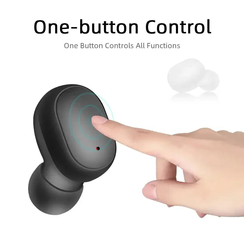 Écouteur Bluetooth sans fil E6s noir, doté d’un bouton de commande à contact unique et d’un petit voyant indicateur rouge.