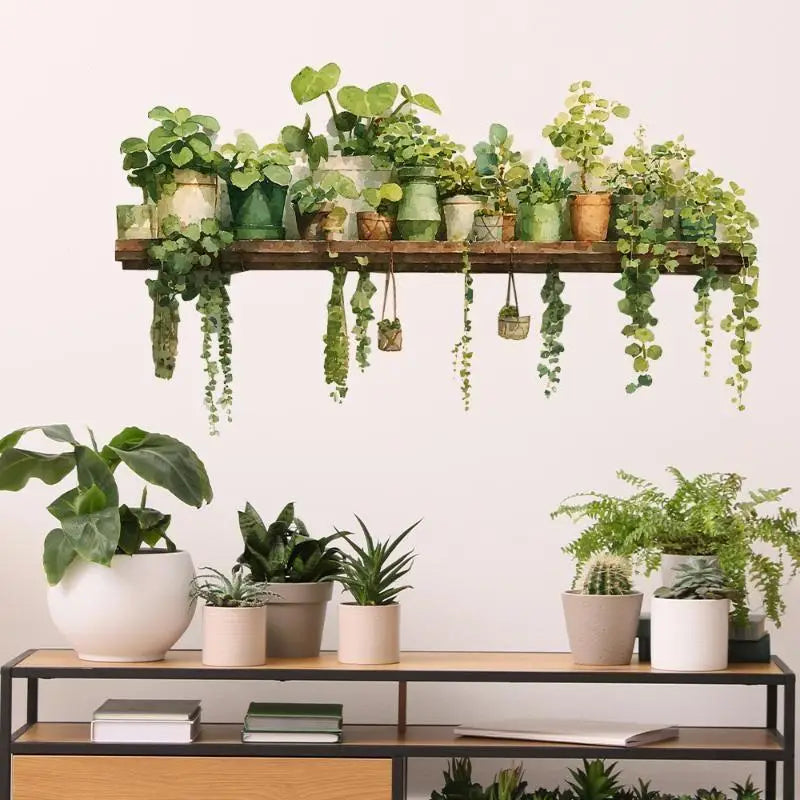 A watercolor plant shelf wall decal featuring a rustic wooden shelf with green potted plants in assorted ceramic and woven pots.