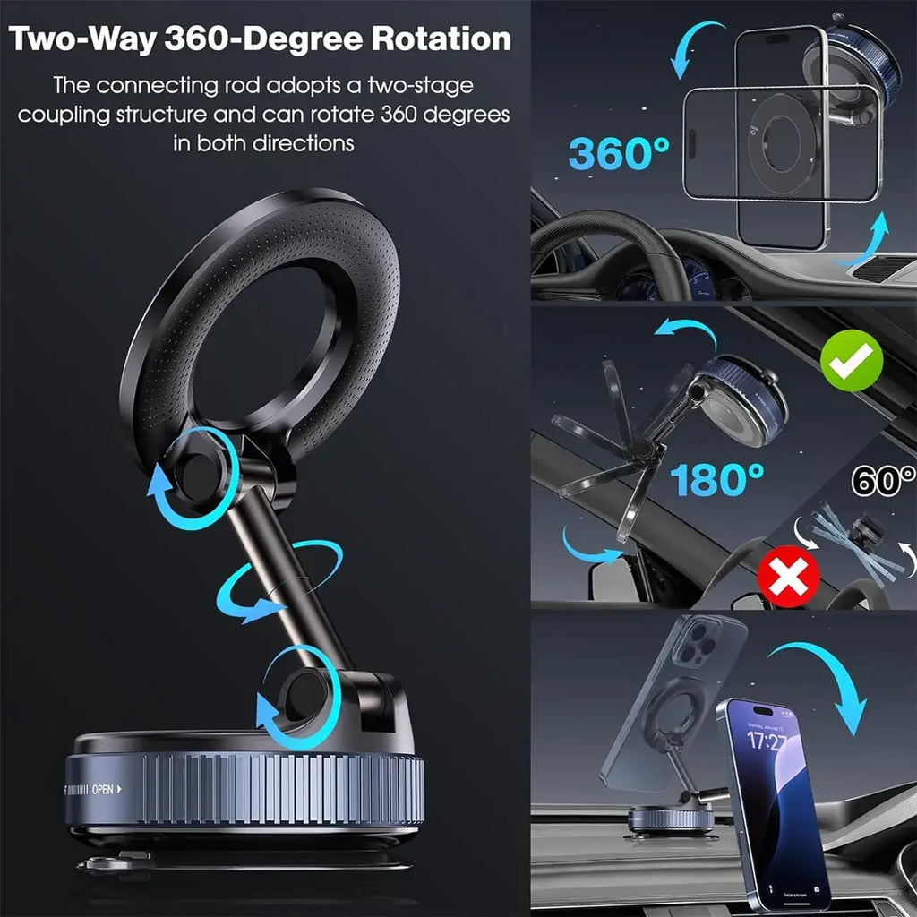 Black and silver foldable magnetic car phone mount with 360-degree rotating arm for mobile phone on smooth surfaces