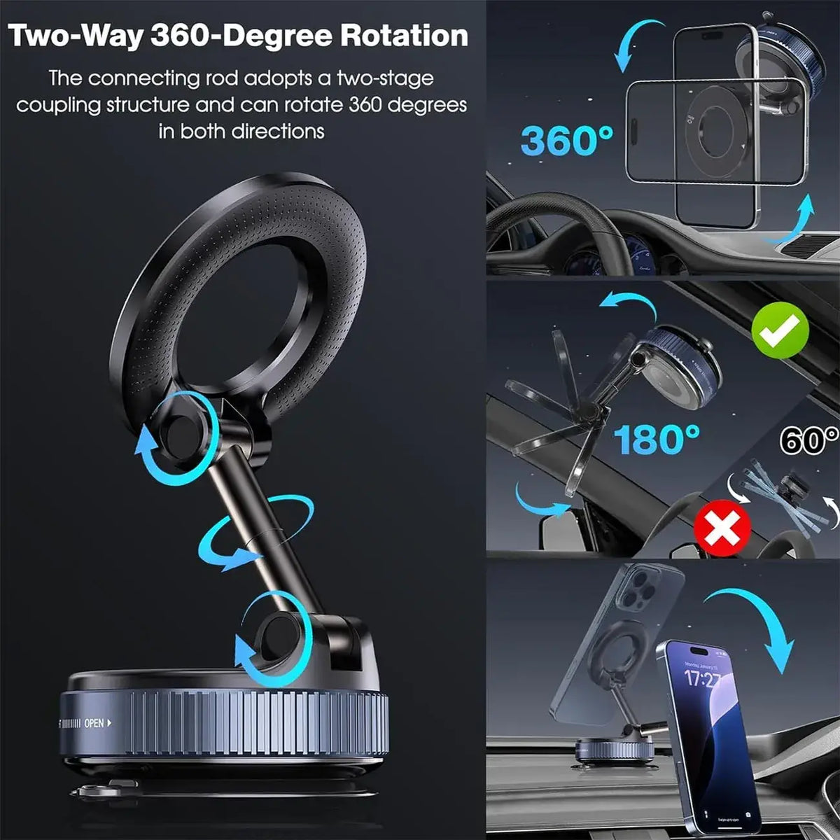 Black and silver foldable magnetic car phone mount with 360-degree rotating arm for mobile phone on smooth surfaces