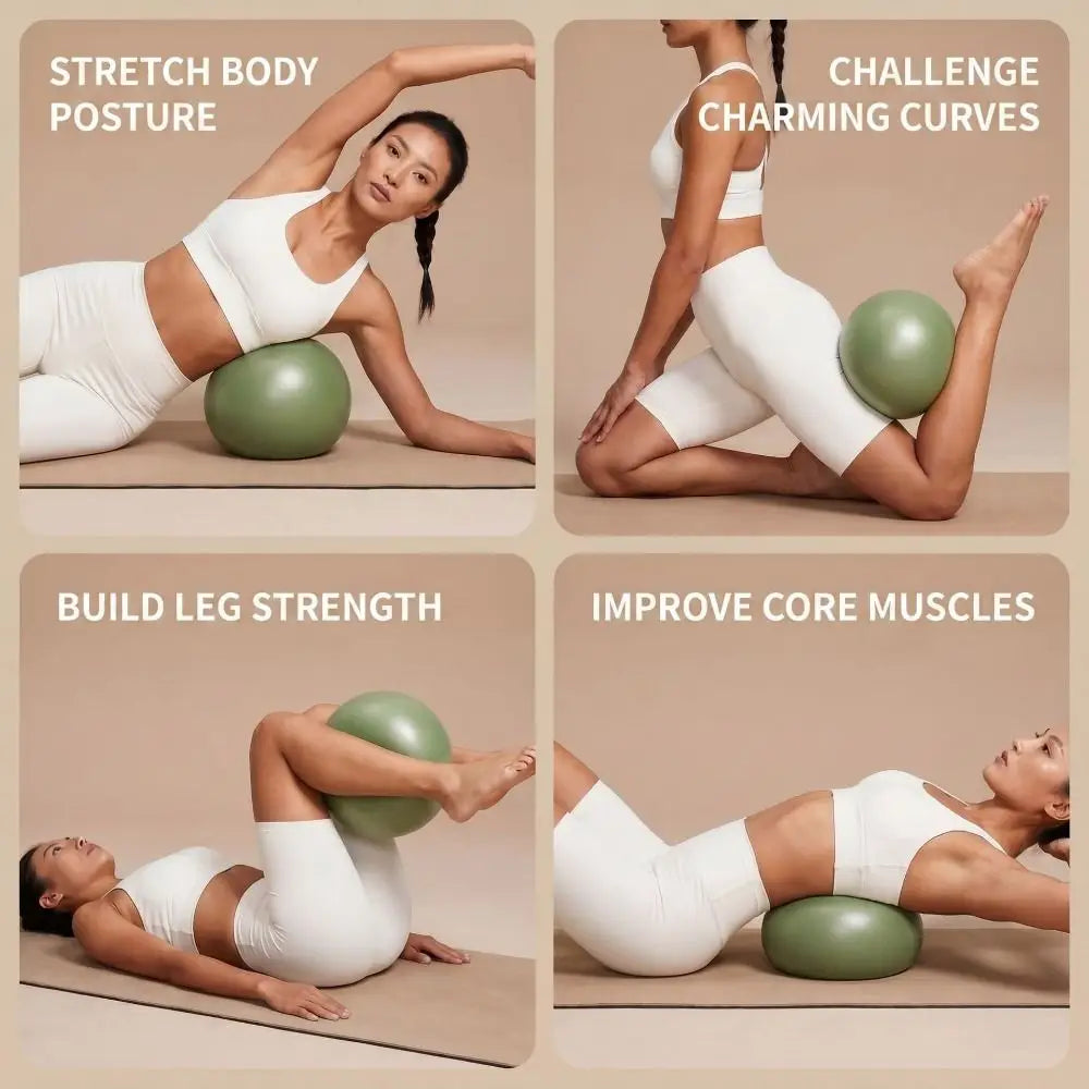 Balón de yoga Pilates de 22 cm color verde oliva, antiestallidos, diseñado para el acondicionamiento físico y el entrenamiento del core.