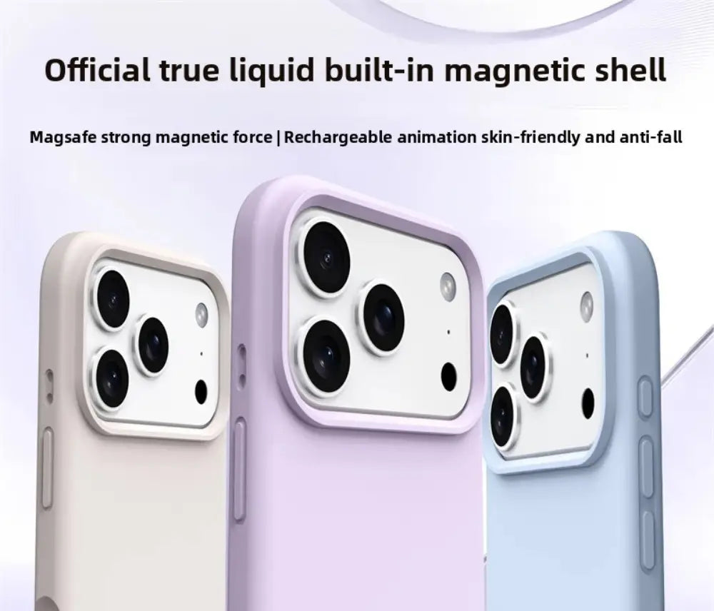 内蔵マグネットシェル設計を採用した、iPhone 17 Pro Max向けの淡いパステルカラーのシリコーン磁性液ケース（背面からの表示）。