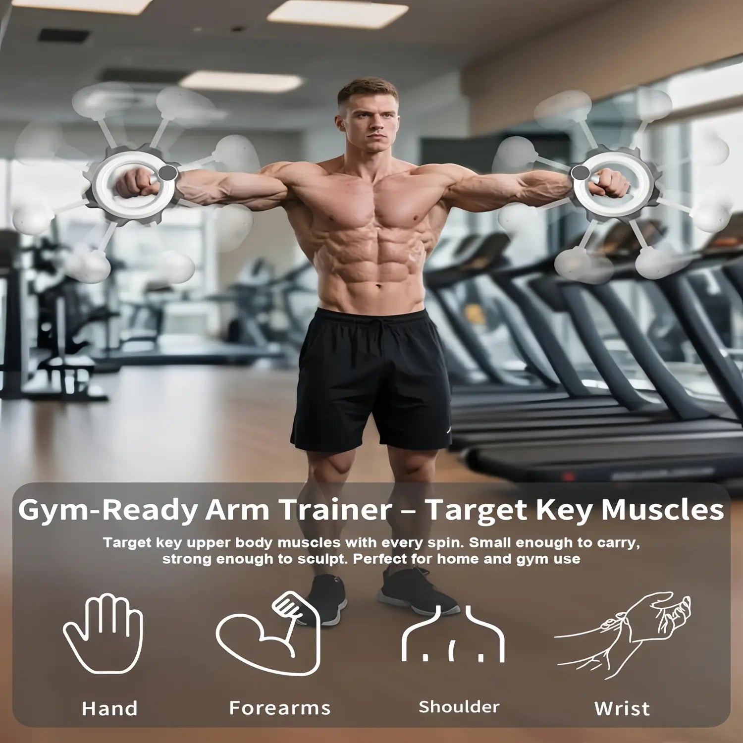 Silver-toned rotary handheld arm fitness machine with gear-shaped design, sleek metallic finish, and circular handles for targeted upper body muscle engagement.
