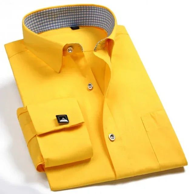 Men's Collar French Cuff Dress Shirts Business Contrast  Single Patch Pocket Regular-fit Long Sleeve Social Wedding Party Shirt