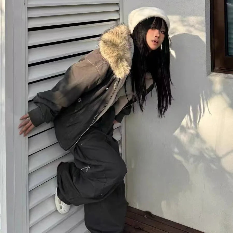 Winter Jackets Fur Collar Parkas Women Vintage Thicken Fleece Warm Jackets Streetwear Harajuku Hip Hop Padded Y2K Chic Outwear