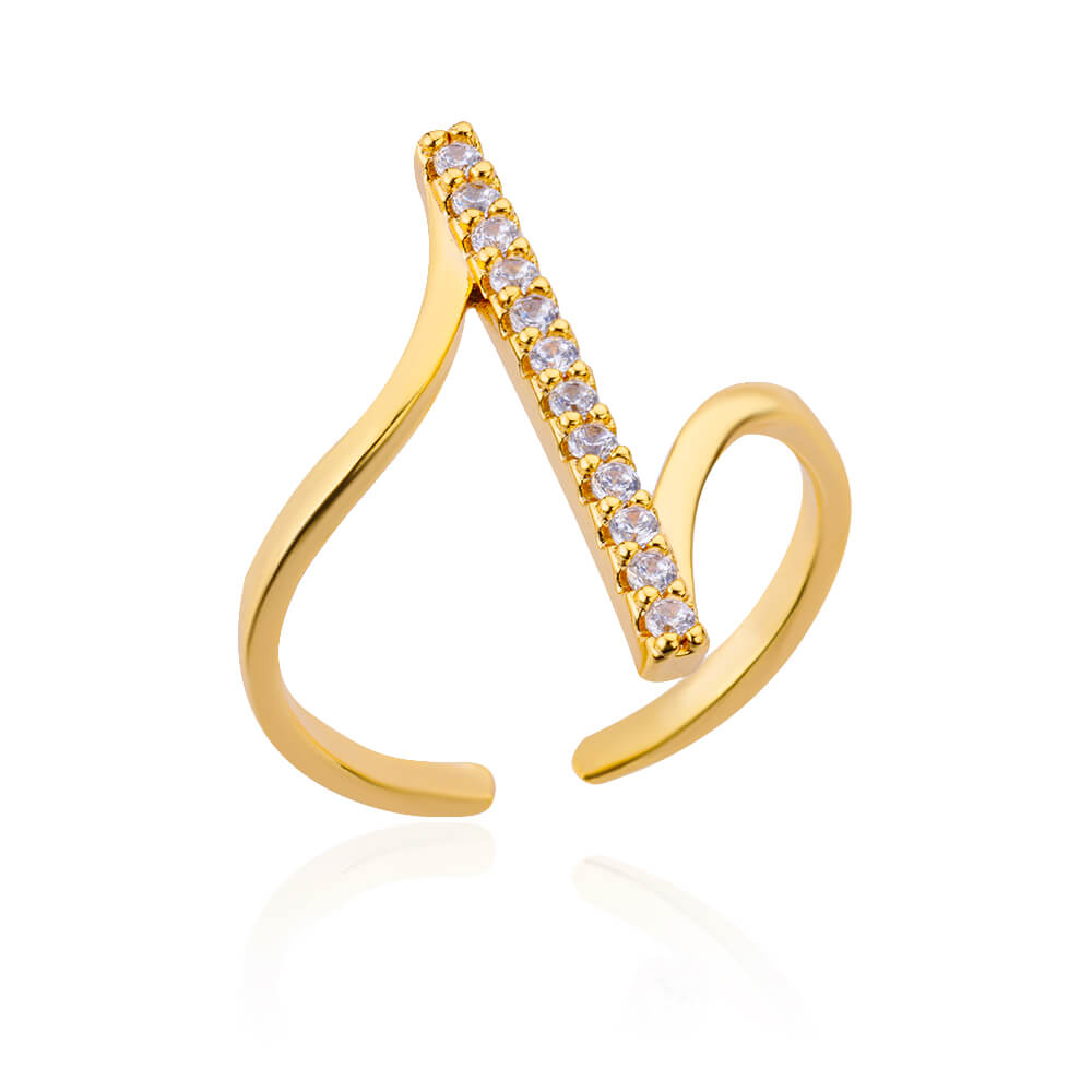 gold-toned open stainless steel ring for women featuring a curved modern design with a vertical row of clear zircon geometric stones.
