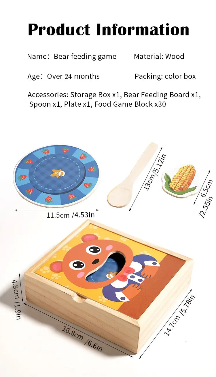 Spielzeug mit Holz-Bärenfütterung: ein hölzernes Bären-Spielzeug mit farbenfrohem Cartoon-Design aus Holz, einschließlich einer Aufbewahrungsbox für eine einfache Organisation.
