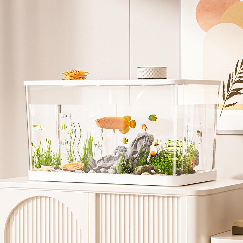 Modern rectangular ecological desktop fish tank with clear glass sides, white plastic frame and base, containing a vibrant orange fish among green aquatic plants and gray rock formations in a transparent mini aquarium.