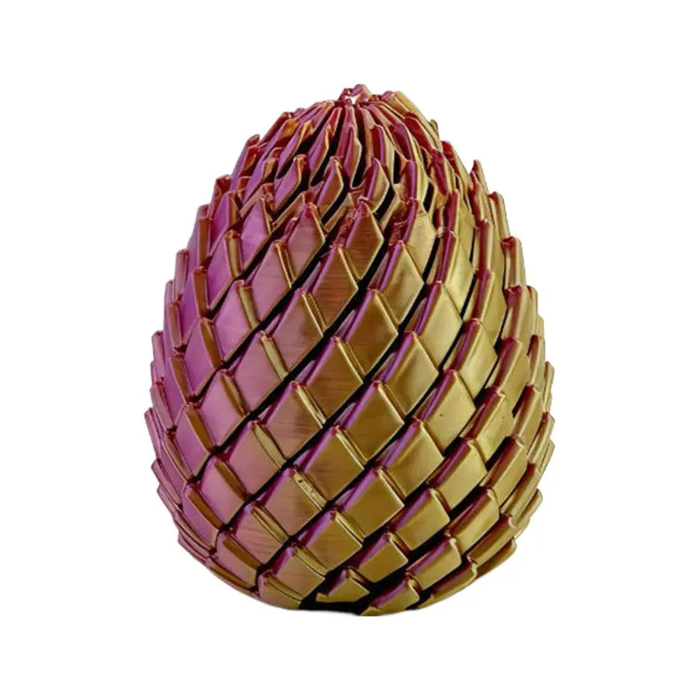 A glossy, egg-shaped articulated dragon egg fidget toy with interlocking metallic gold and deep purple scales visible from the front.