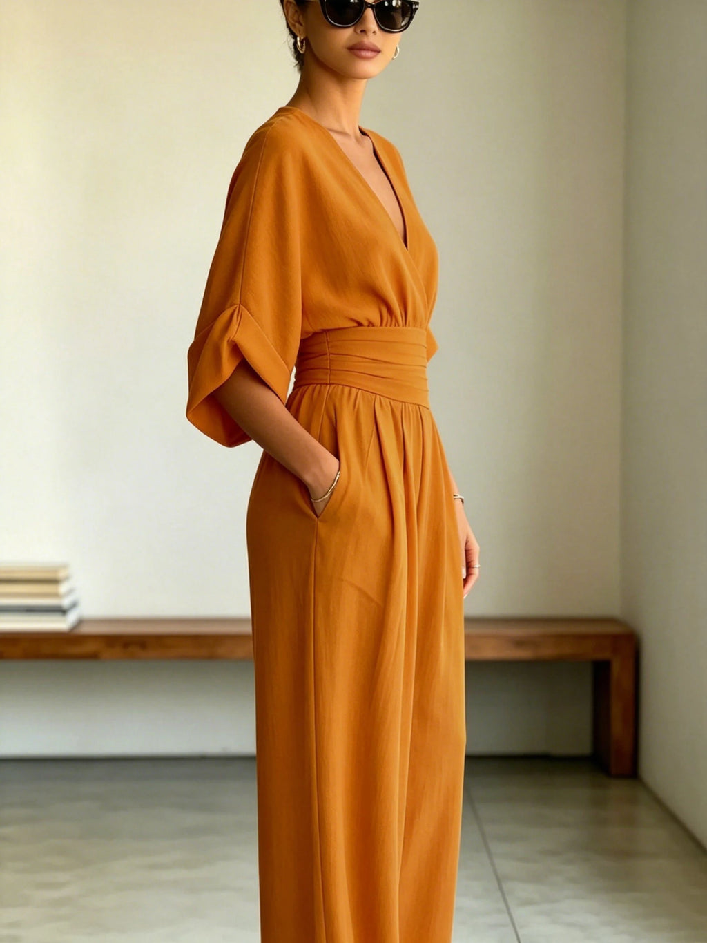 Women V Neck Jumpsuit Batwing Short Sleeve Wide Leg Long Pants Romper Elastic Waist Pleated Casual Party Jumpsuit Multiple Color