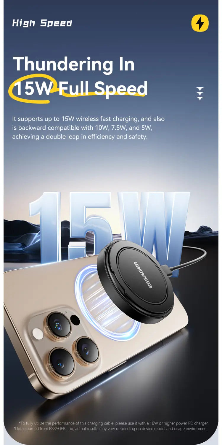 Black circular wireless charging pad with a sleek minimalist design and the brand name Nordic printed on its surface, Essager Magnetic 15w wireless charger stand.