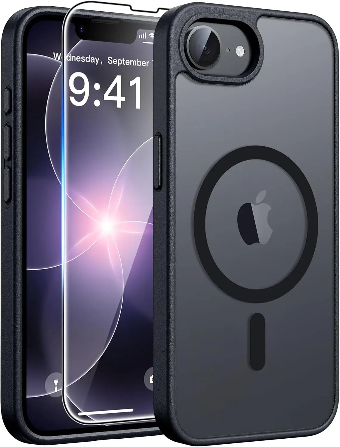 円形のアップルロゴのくり抜きと質感のあるエッジを備えた、ブラックのマグセーフ対応磁気iPhone 16eマットケース。背面からの表示。