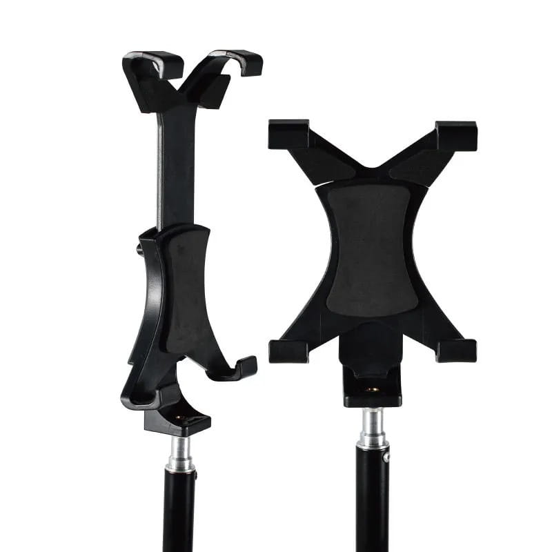 black plastic tablet holder tripod mount with adjustable arms and telescoping pole designed for ipad and smartphones tablet stand