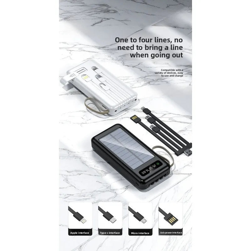 20000mAh Solar Power Bank Large Capacity Mobile Power Fast Charging Battery Dual USB 4 Cables with Mobile Phone Stand