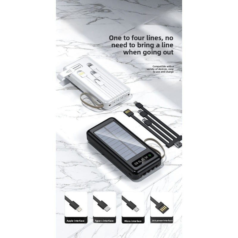 Banco de energía solar negro de 20000 mAh con carga rápida, pantalla digital y múltiples puertos USB para uso portátil.