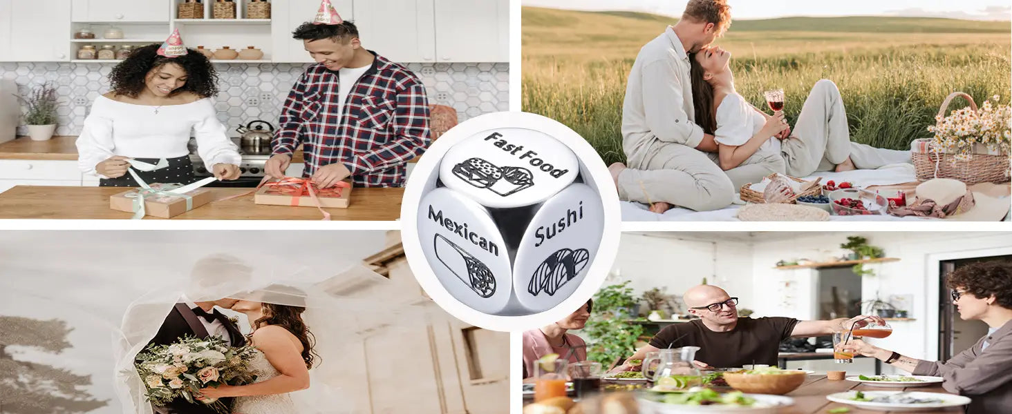 White six-sided stainless steel food decision die with black text and illustrations for fast food, Mexican, and sushi on three visible faces designed for couples date night.