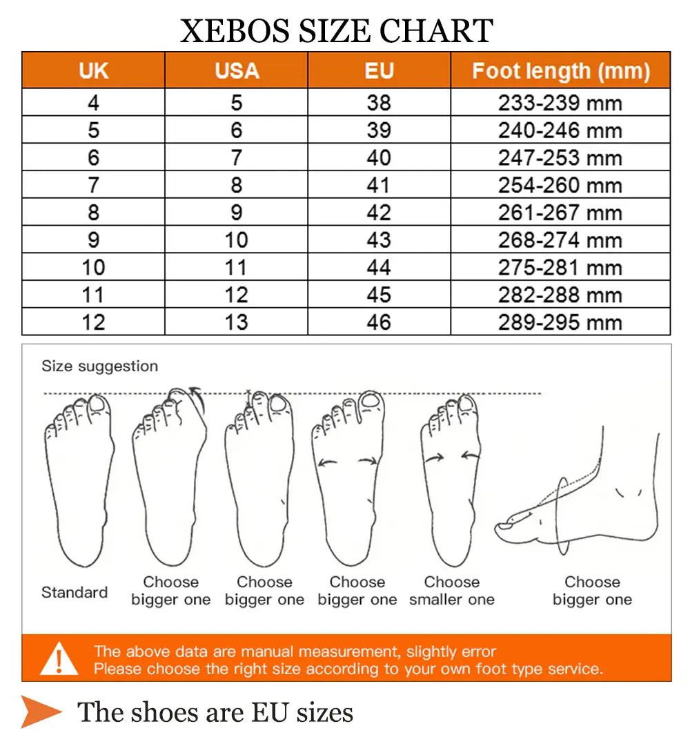 Tableau des tailles Xebos indiquant les tailles de chaussures UK, USA et UE avec des mesures de longueur de pied en millimètres pour des escarpins brogue wingtip en cuir.