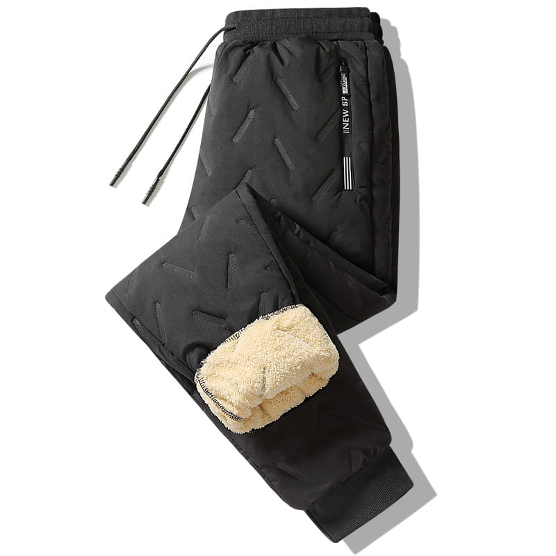 black insulated men fleece lined thermal sweatpants with geometric pattern and fleece lined cuffs designed for waterproof winter use