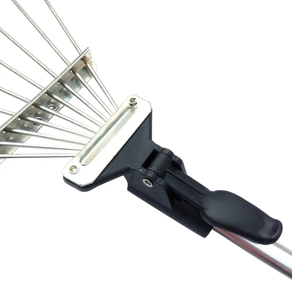 black plastic handle garden leaf rake with silver metal head and multiple thin metallic tines featuring a telescopic handle design for adjustable length and ease of use.