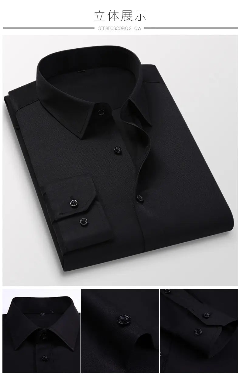 Black long-sleeved men dress shirt with a classic collar and buttoned cuffs suitable for casual long wear and club party occasions.
