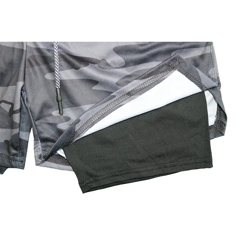 men 2 in 1 gym shorts with gray camouflage pattern black inner lining white trim quick dry workout activewear