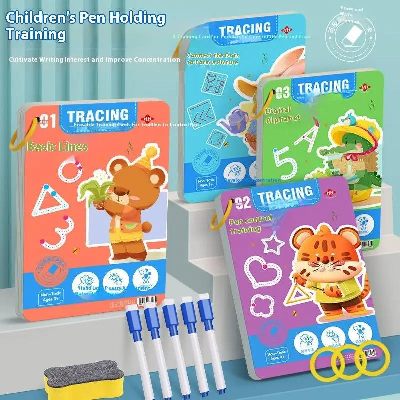 Set aus farbenfrohen, wiederverwendbaren Arbeitsheften zum Nachzeichnen für Kinder mit Cartoon-Tiermotiven sowie passenden Stiften, Radierern und Ringen für interaktive Lernaktivitäten.