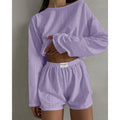 New Women's Chic Pajama Set Hollow-Out Long-Sleeve Crop Top and High Split Shorts Breathable Homewear Loungewear Fit Daily Wear