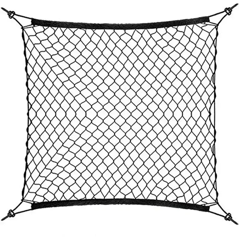 Black diamond-patterned black nylon car trunk cargo net with reinforced edges and adjustable tie-downs for storage organization.
