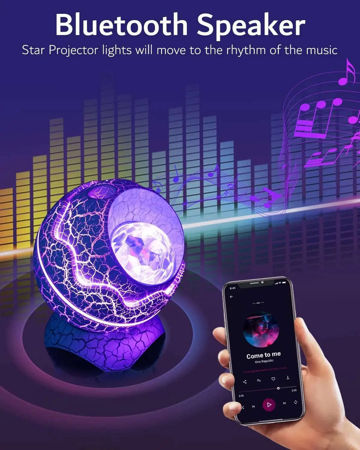 Haut-parleur Bluetooth globe violet à texture fissurée, avec un intérieur de boule de cristal transparent et des lumières de projecteur d’étoiles, présenté comme un projecteur d’étoiles lumineux de nuit en forme de galaxie d’œuf de dinosaure.