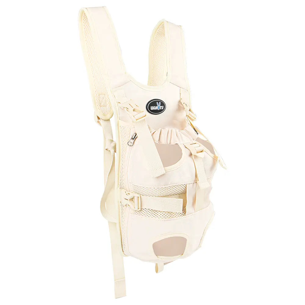 Mochila portamascotas para motocicleta color crema, de malla y tejido, con correas ajustables y bolsillo frontal, diseñada para usuarios de Suzuki V-Strom, Ducati Scrambler y Ducati Multistrada.