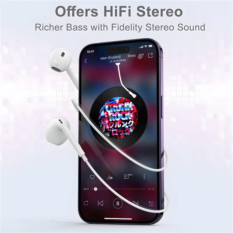 Auriculares blancos con cable para inserción en el oído, con micrófono, que presentan un diseño minimalista y elegante y un material resistente para un audio nítido y comunicación manos libres.