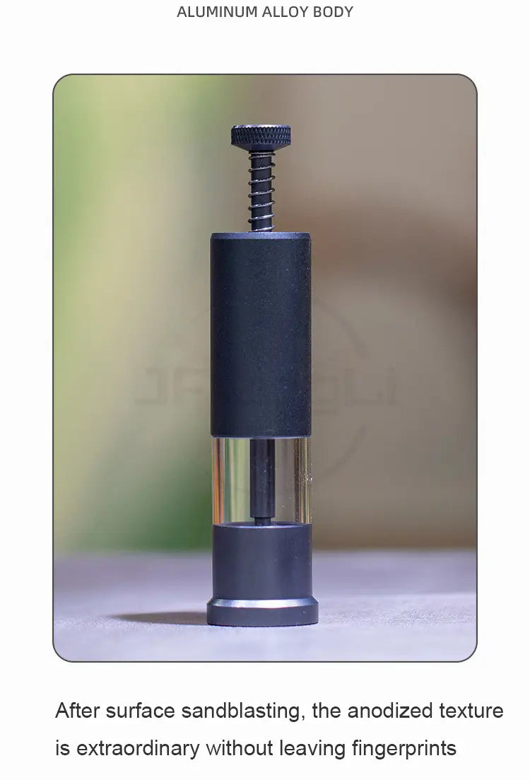 feeder mini aquarium accessories small fish food dispenser featuring a black anodized aluminum alloy pepper grinder with textured screw-top and clear glass center