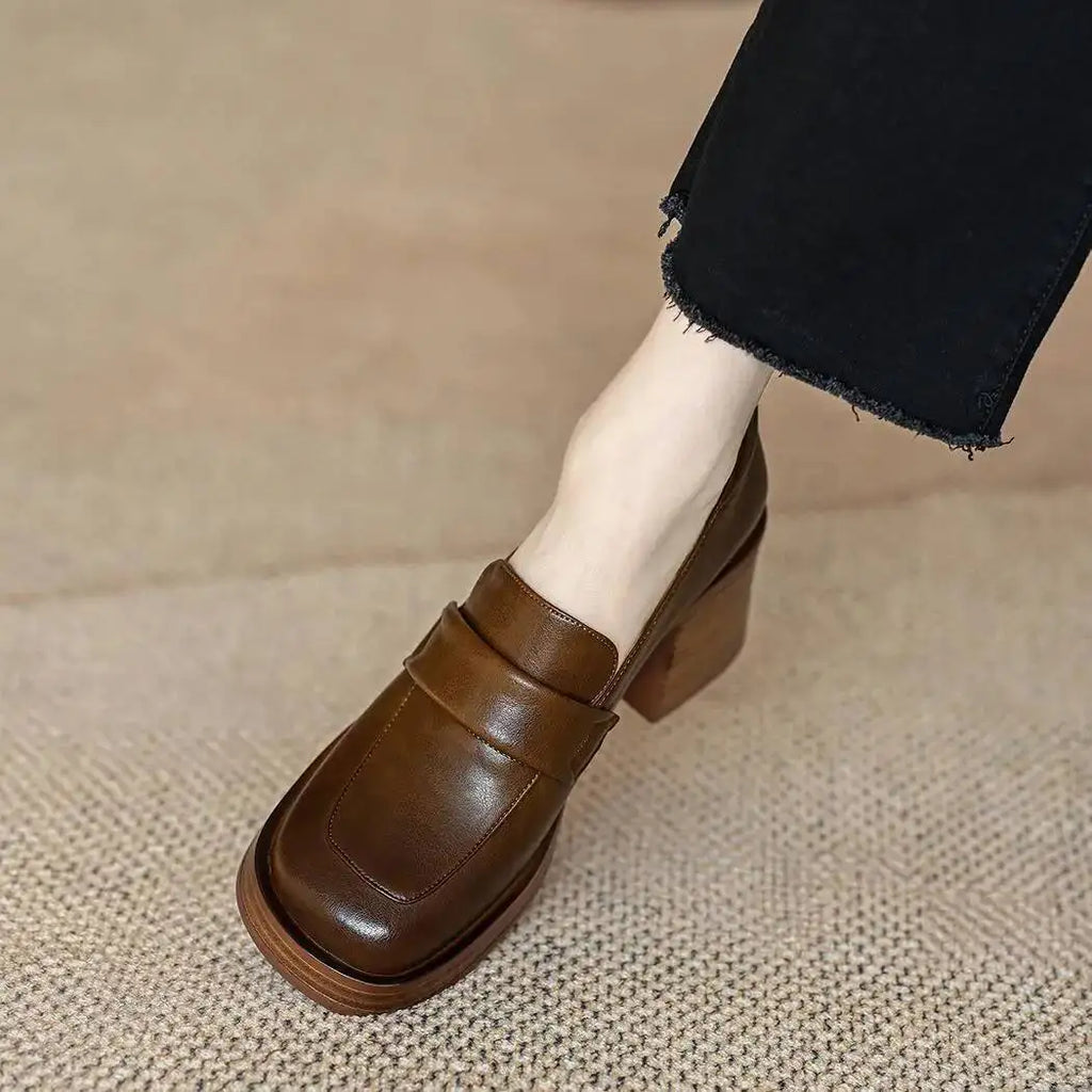 Women's Mid Heel Shoes 2025 New Leather Chunky Heel Loafers Thick-Soled French Minimalist Square Toe High Heel Office Shoes